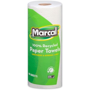 Marcal 100% Recycled Paper Towels - 2 Ply - 11" x 9" - 60 Sheets/Roll - White - 15 / Carton