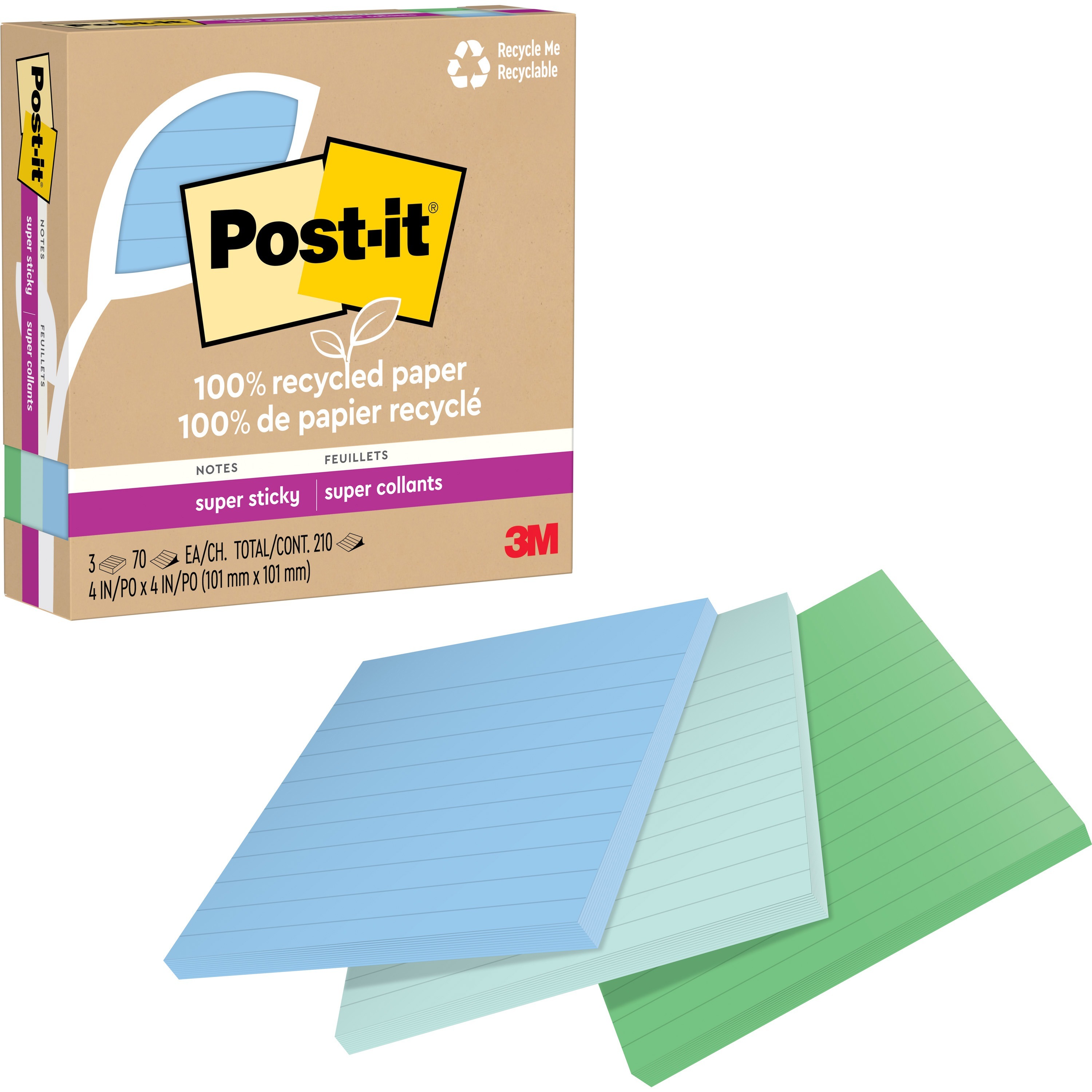 Post-it Super Sticky Large Notes Oasis Color Collection, Pack of 3 Pads, 70  Sheets per Pad,101 mm x 101 mm, Blue, Green - Extra Sticky Notes for Note