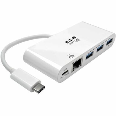 Tripp Lite by Eaton 3-Port USB 3.2 Gen 1 Hub with LAN Port and Power Delivery USB-C to 3x USB-A Ports and Gigabit Ethernet White TRPU4600033AGC