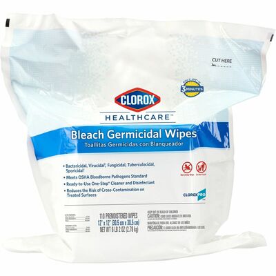 Clorox Healthcare Bleach Germicidal Wipes Refill - Ready-To-Use Wipe12" Width x 12" Length - 110 / Pack - 100 / Bundle - White CLO30359BD
