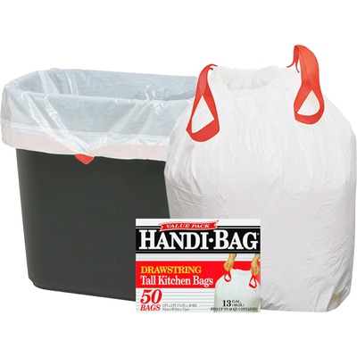 Berry Handi Bag Drawstring Tall Kitchen Bags Small Size 13 gal Capacity 24  Width x 27 Length 0.69 mil 18 Micron Thickness Drawstring Closure White  Resin 6Carton 50 Per Box Kitchen - Office Depot