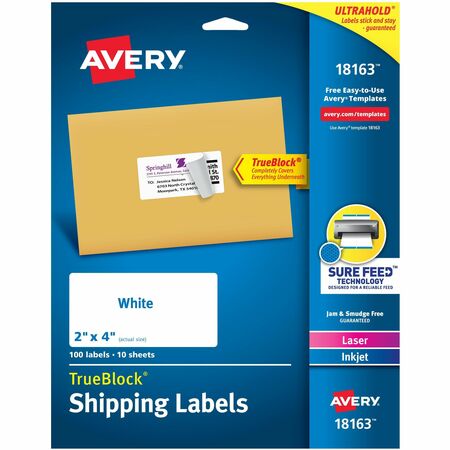 Avery&reg; TrueBlock&reg; Shipping Labels, Sure Feed&reg; Technology, Permanent Adhesive, 2" x 4" , 100 Labels (18163) AVE18163
