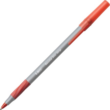 Bic round stic grip ballpoint pens, Fine point, 0.8mm, Red Ink/translucent barrel, Red grip, 12/pk (070330142725)