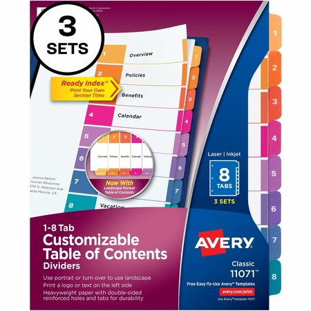 Avery&reg; Customizable Table of Contents Dividers, Ready Index(R) Printable Section Titles, Preprinted 1-8 Multicolor Tabs, 3 Sets (11071) AVE11071