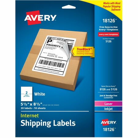 Avery&reg; Internet Shipping Labels, TrueBlock&reg; Technology, Permanent Adhesive, 5-1/2" x 8-1/2" , 20 Labels (18126) AVE18126