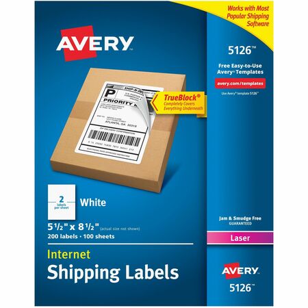 Avery&reg; Internet Shipping Labels, TrueBlock&reg; Technology, Permanent Labels, 5.5" x 8.5" , Laser, 200 Labels (05126) AVE5126