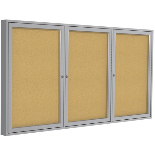 Ghent Enclosed Bulletin Board,3-Door,72"x36",Satin Aluminum Frame