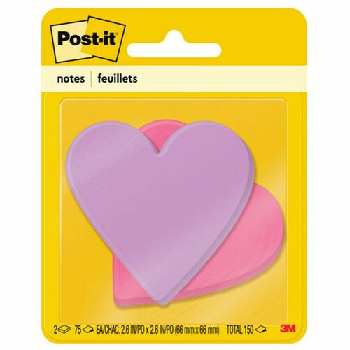 3M Super Sticky Notepads, Heart, 3"x3", 75 Sheets, 2/PK, AST