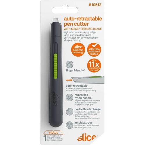 Slice, Inc Pen Cutter w/Retract Blade, 5/8"x5/8"x5-1/8", Gray