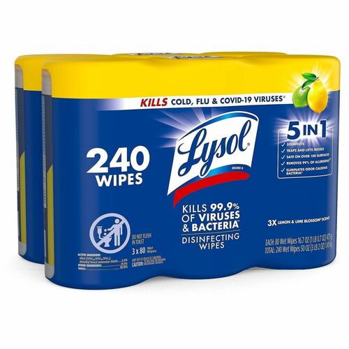 Reckitt Benckiser Lysol Disinfecting Wipes, Lemon, 80 Wipes/Canister, 6/CT, WE