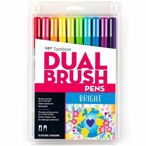 Tombow Dual Brush Pen Set, Fine Tip/Brush Tip, 10-count, AST Bright