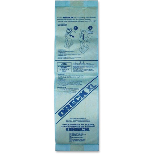 Oreck Commercial Filtration Bags, f/Oreck XL Uprights, Single Wall, 25/PK, BE