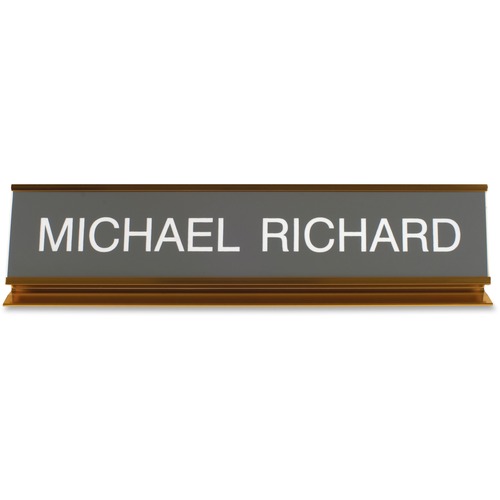 Shachihata Inc Pedestal Aluminum Desk Sign, 2"x10", Gold Frame
