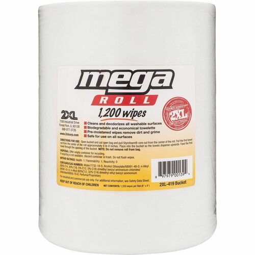2XL CORP Wipes, Alcohol-free, 8"x8", 1200Shts/Roll, White