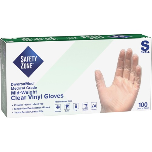 The Safety Zone Gloves, Medical-Grade Vinyl, PF, Small, 9-1/4"L,100/BX, WE
