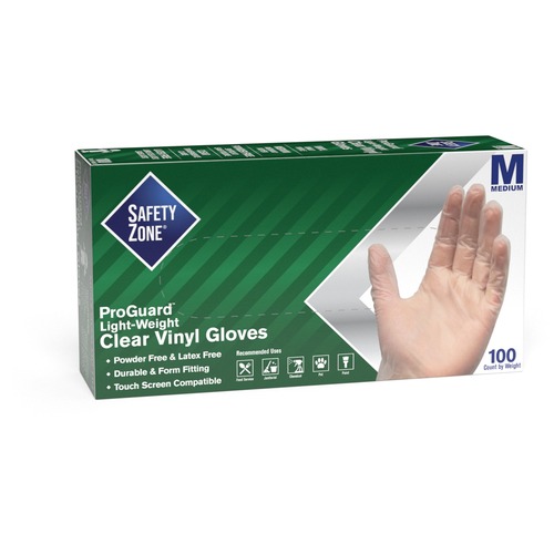 The Safety Zone Gloves, Powder-free, Vinyl, 9-1/4"L, Medium, 100/BX, Clear