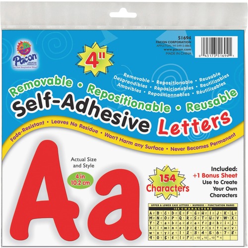 Pacon Self-Adhesive Letters, Repositionable, 4", 154/PK, Red