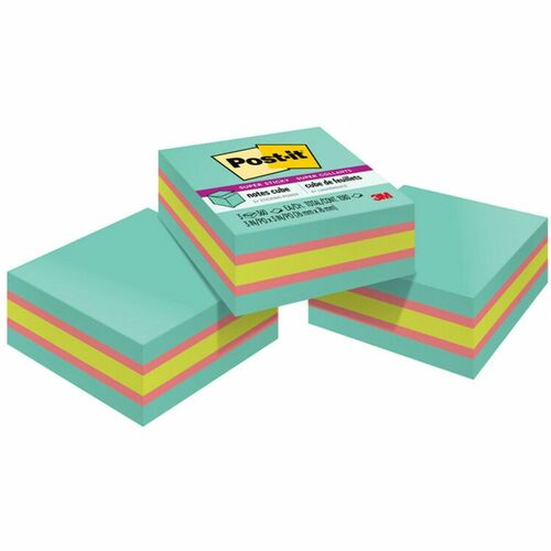 3M Post-it Note Cube, Super Sticky, 3"x3", 3/PK, Aqua Wave
