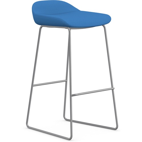 9to5 Seating Bar Stool, Sled Base, 16"x16"x33", Blue Fabric/Silver Frame