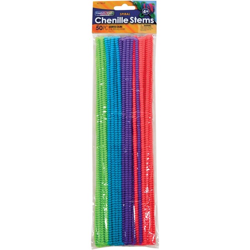 Pacon Chenille Stem, Spiral, 1/5"Wx1/5"Lx12"H, 50/BG, Assorted