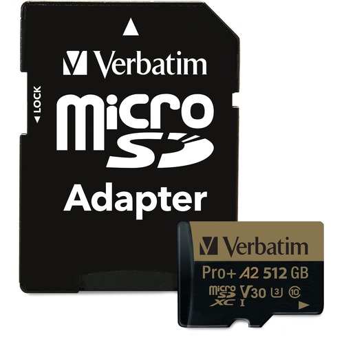 Verbatim Memory Card, MicroSDXC, w/Adapter, 512GB, Black