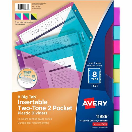 Avery Dividers,2-Tone,8-Tab,3HP,9-1/4"x11-1/8",24Sets/CT,AST