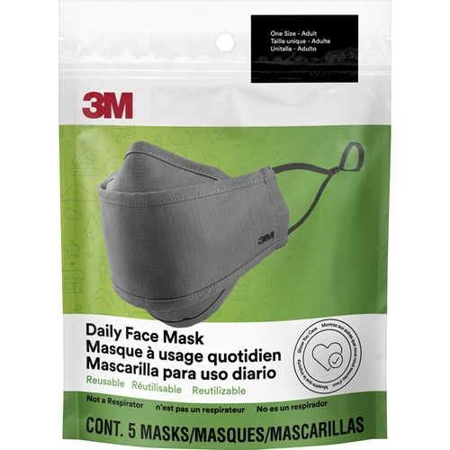 3M Face Masks, Adjustable, 2-Layer, Reusable, 5/PK, Gray