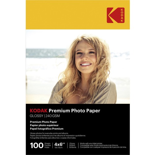 Kodak Photo Paper, Glossy, Inkjet, 4"x6", 100/PK, White