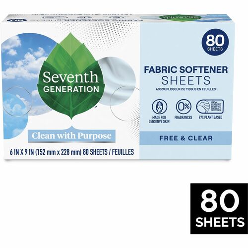 Seventh Generation Laundry Dryer Sheets, Free&Clear, 80/BX, White