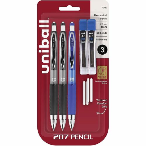 uni-ball Corporation Pencils,Mechanical,w/Lead/Erasers,0.7mm,3Pens,/PK,AST Barrel
