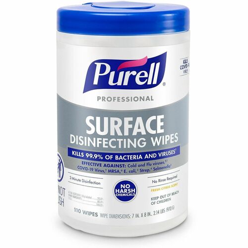 Gojo Wipes,Disinfecting,f/Surfaces,No Rinse,7"x8",110/Tub,WE