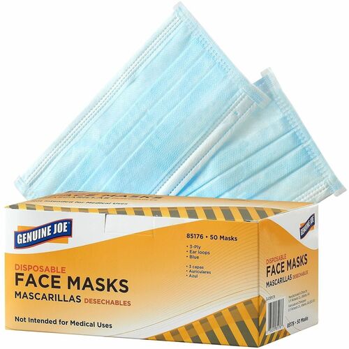 Genuine Joe Face Masks, Disposable, Latex-free, 50/Box, Blue