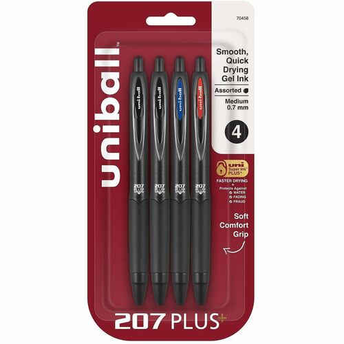 uni-ball Corporation Pen,Gel,207Plus,Retractable,0.7mm,4/PK,AST Ink/Black Barrel