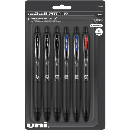 uni-ball Corporation Pen,Gel,207Plus,Retractable,0.7mm,6/PK,AST Ink/Black Barrel