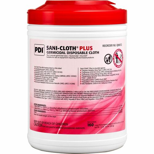 PDI HC Cleaning Wipes, Germicidal, Large, 6"x6-3/4", 160 Wipes