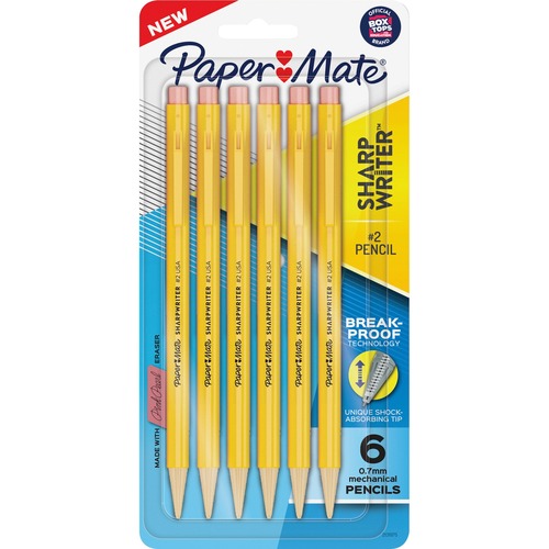 Paper Mate Mechanical Pencil, No 2 Black Lead, 0.7mm, 6/PK, Yellow