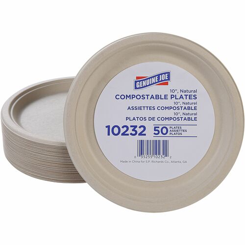Genuine Joe Plates, Compostable, 10", 50/PK, White