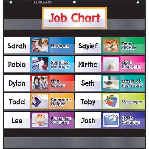 Scholastic Teaching Resources Pocket Chart,w/Job Cards,13 Pockets,K-5,26-1/2"x27-1/2",BK