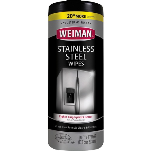 Weiman Products Wipes, f/Stainless Steel, 7"x8", 30 Wipes/Canister, White