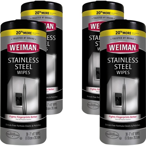 Weiman Products Wipes, f/Stainless Steel, 7"x8", 30 Wipes/Canister, 4/CT, WE