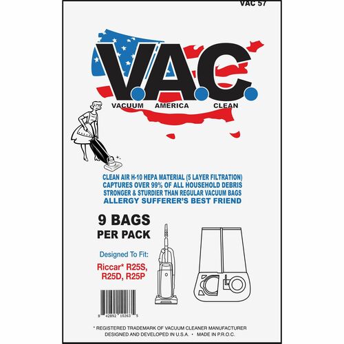 V.A.C. Vacuum Bags,f/Riccar 25S/25D/25P,HEPA Filter,9/PK,5/BD,WE