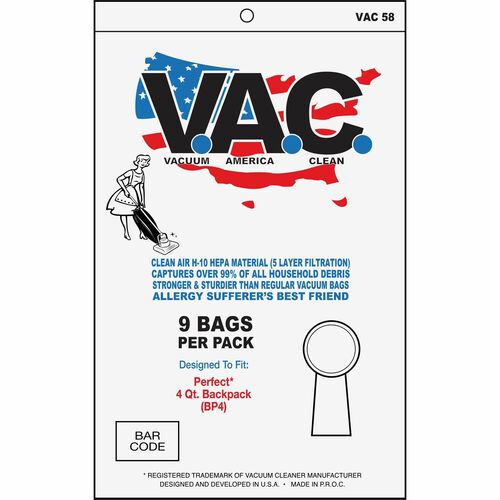 V.A.C. Vacuum Bags,f/Perfect 4-Qt Backpack,HEPA Filter,9/PK,5/BD,WE