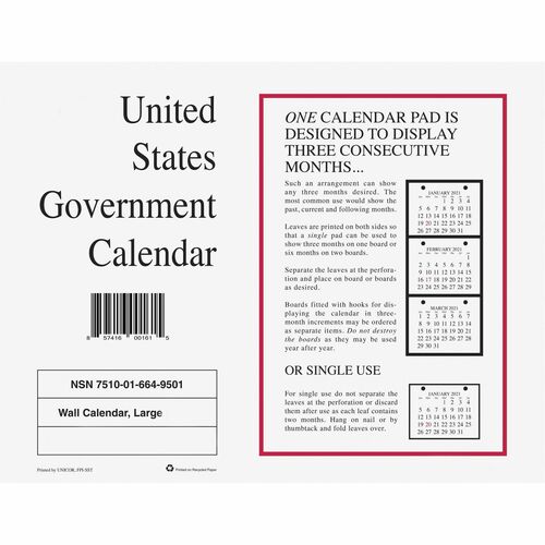 Unicor Customer Service Ctr Wall Calendar, Monthly, 8-1/2"x11", 10/PK, White