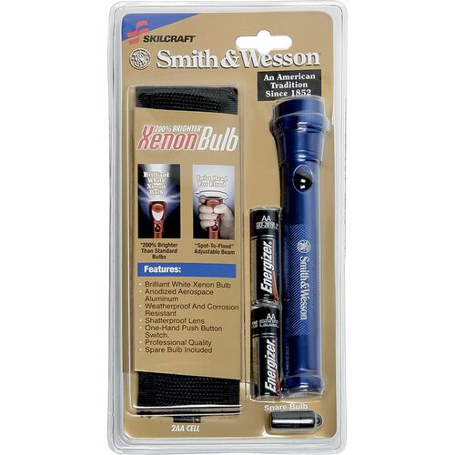SKILCRAFT Flashlight,Aluminum,w/AA Batteries,Belt Holster,6-1/4"L,Blue