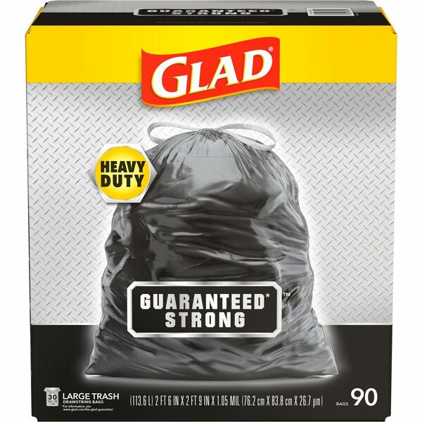 Glad Large Drawstring Trash Bags - Large Size - 30 gal Capacity - 30 Width  x 32.99 Length - 1.05 mil (27 Micron) Thickness - Drawstring Closure -  Black - Plastic - 68/Pallet - 90 Per Box - Garbage, Indoor, Outdoor -  Bluebird Office Supplies
