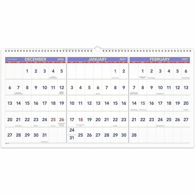At-A-Glance 3-Month Horizontal Wall Calendar - Large - Monthly - 15 ...