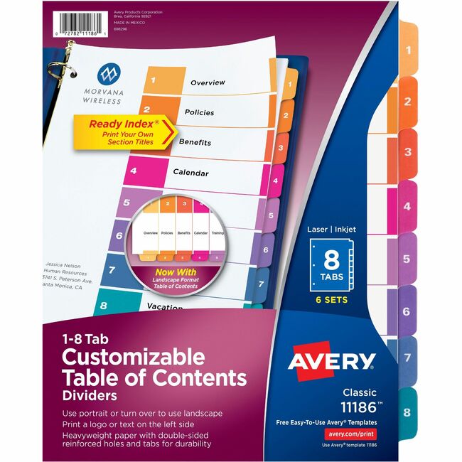 Avery Customizable Table of Contents Dividers, Ready Index Printable Section Titles, Preprinted 1-8 Multicolor Tabs, 6 Sets (11186)