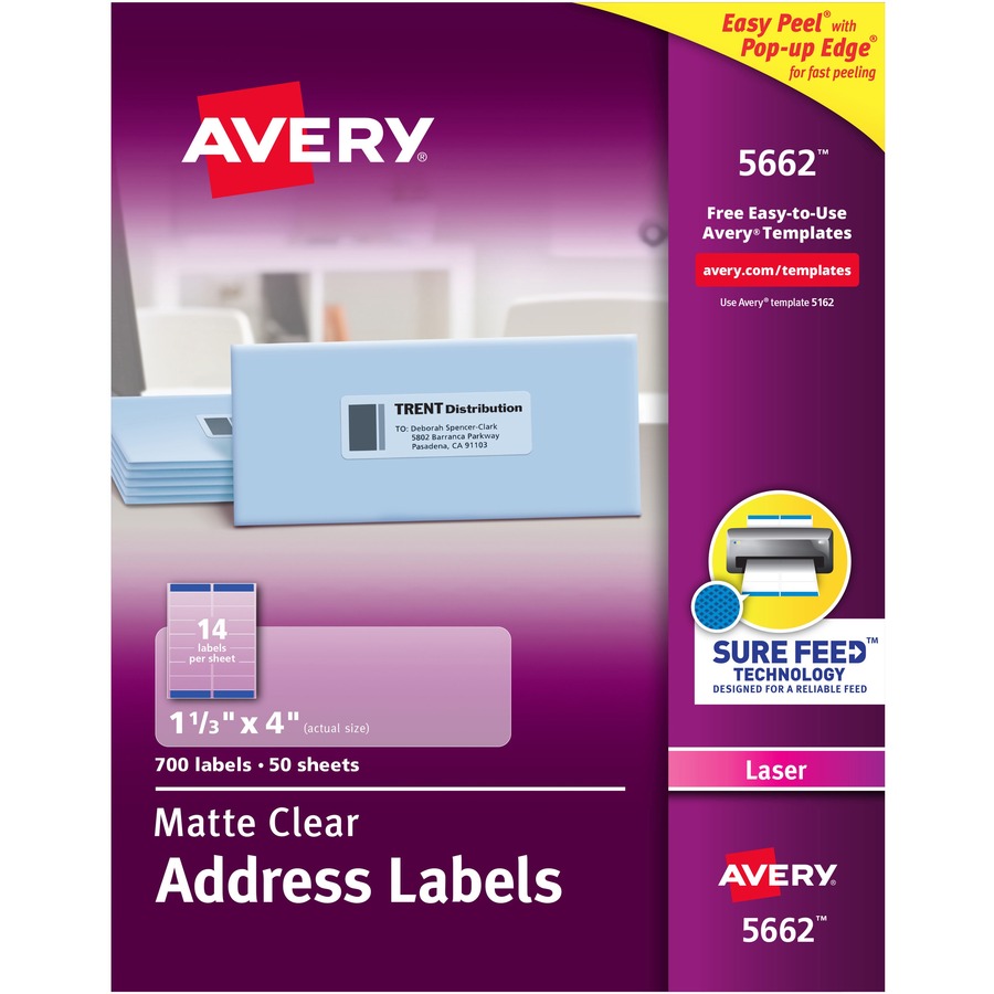 Avery 5662 Matte Clear Easy Peel Laser Printable Address Labels, 1 21/