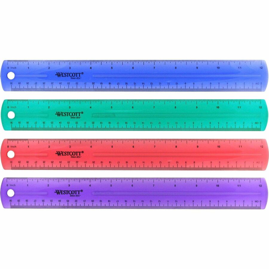 Westcott Transparent Jeweltone 12 Plastic Ruler - 12 Length 1 Width -  1/16 Graduations - Metric, Imperial Measuring System - Plastic - 1 Each -  Assorted - Thomas Business Center Inc