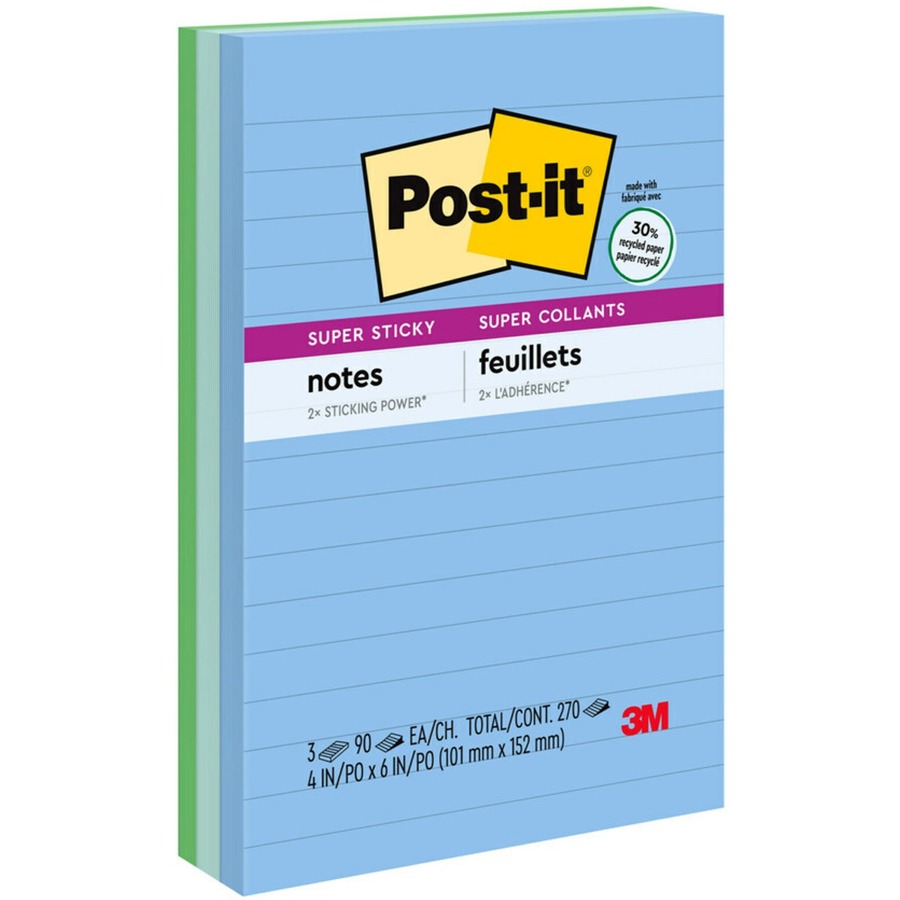 30% Recycled Paper 654-24SST-CP Cool Colors 24 Pads 3x3 in Post-it Super Sticky Recycled Notes Green, Light Blue, Blue, Mint, Green Bora Bora Collection 2X The Sticking Power - New 